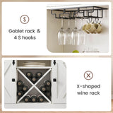 DICTAC Farmhouse Buffet Cabinet with Storage Coffee Bar Station Cabinet with Power Outlet and LED Light, Tall Bar Cabinets with Sliding Barn Door and Wine Glass Rack for Kitchen, Living Room,White DICTAC