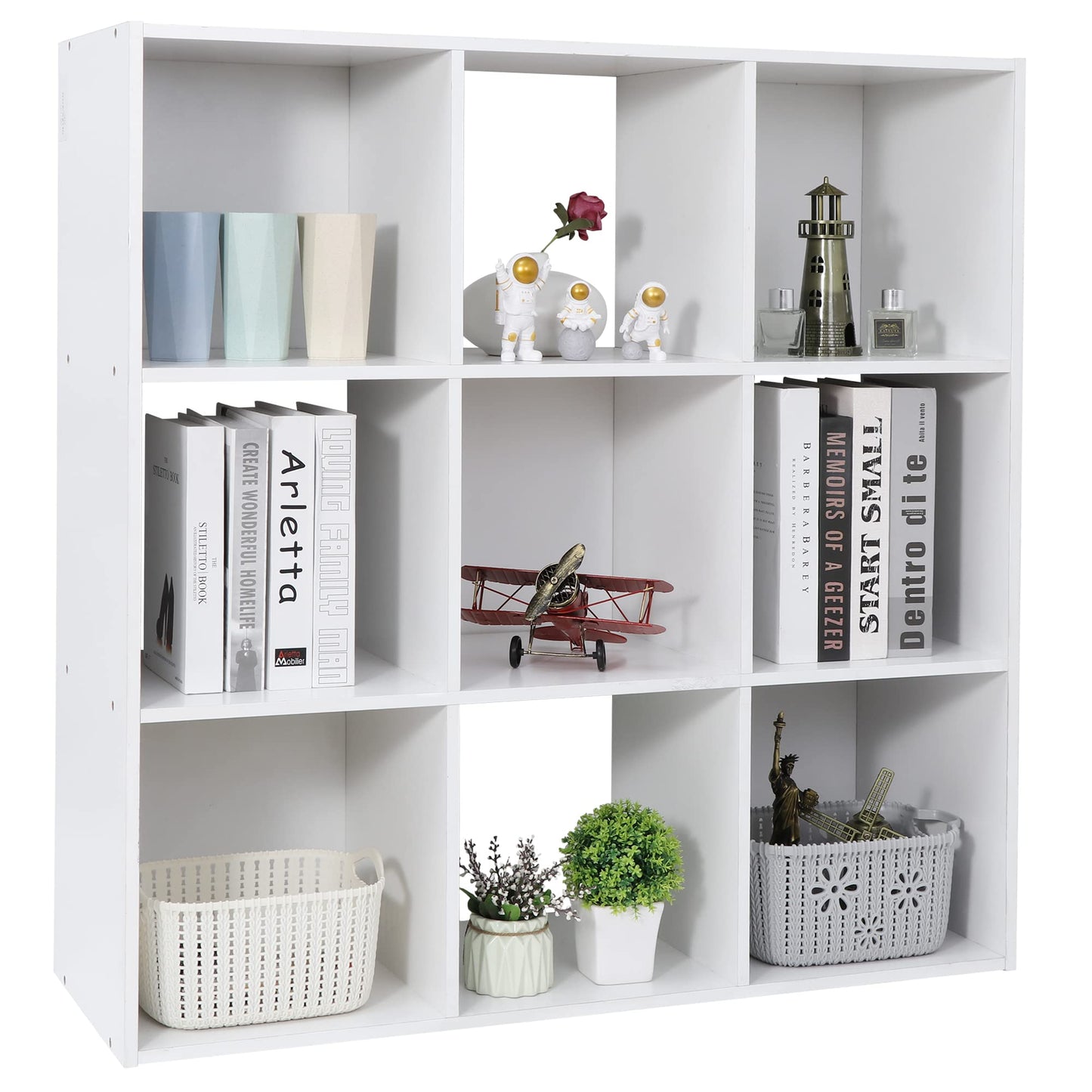 ZenStyle 9 Cube Storage Shelf Organizer, Wooden Bookshelf System Display Cube Shelves Compartments, Customizable W/ 5 Removable Back Panels (White)