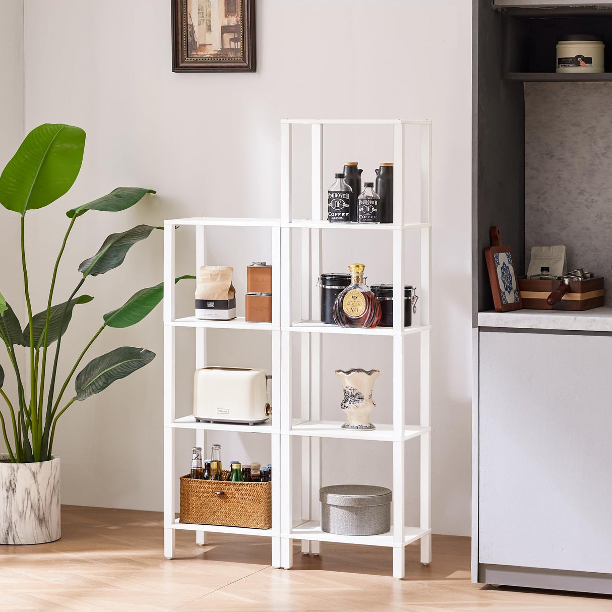 YUFAM 4 Tier Tall Wooden Bookshelf with Storage - Small White Bookcase for Small Spaces, Small Shelf for Living Room, Office, Bedroom, Kitchen - Industrial Modern Book Shelf YUFAM