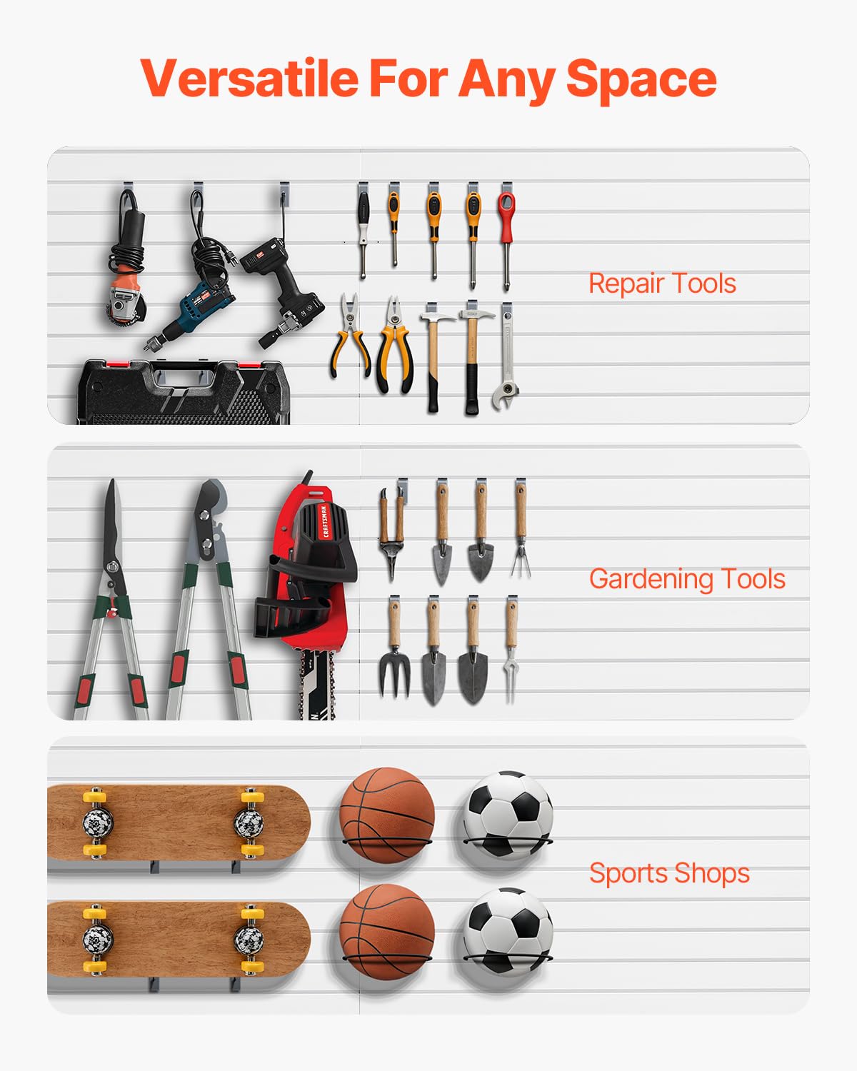 VEVOR Slat Wall Paneling, 8 x 4 ft, PVC Garage Slatwall with Accessories, White Slat Wall Easy-to-Install Adjustable Slatwall Panel with Coupling Structure & DIY Cutting, Fits for Storage & Display VEVOR