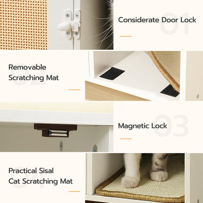 HOOBRO Cat Litter Box Enclosure with Rattan Door, Hidden Litter Box Furniture, Large Litter Box Enclosure with Adhesive Cat Scratching Mat, Coffee Table, 31.4" L x 17.7" W x 18.1" H, White WY18MW01