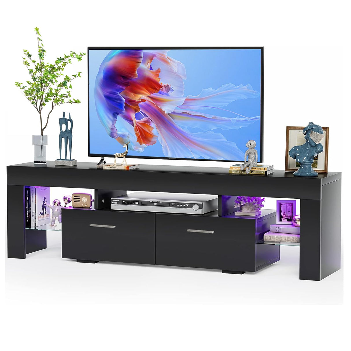 LED TV Stand for Up to 70-inch TV, Modern TV Console Table with Entertainment Center for Bedroom, Living Room(Black, 63 inch) HOUAGI
