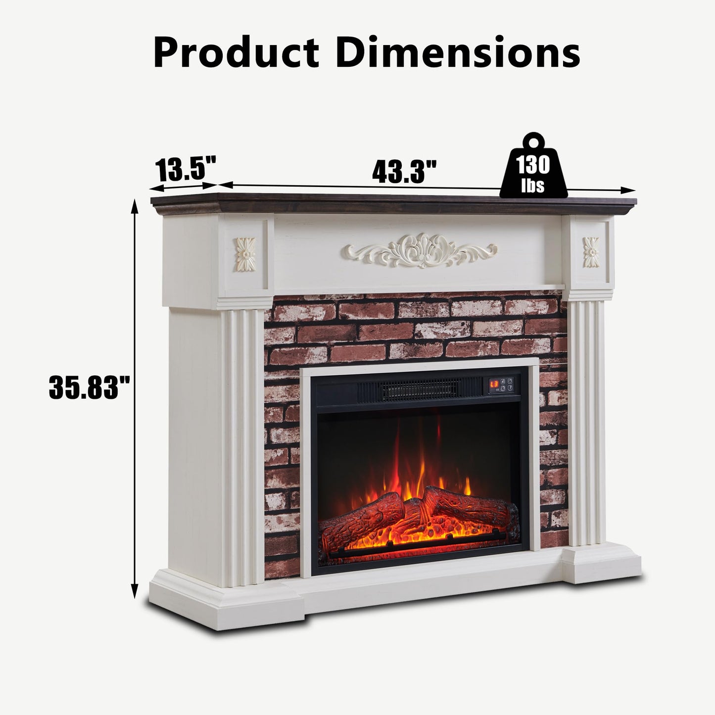 43" Electric Fireplace with Mantel, Electric Fireplace Heater, TV Stand w/Freestanding Electric Fireplace, Stacked Stone Surround, Remote Control, Adjustable Flame Level for Living Room (White)