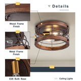 wochos Farmhouse Flush Mount Ceiling Light, 12.6 Inch 2-Light Metal and Wood Close to Ceiling Light Fixture, Rustic Drum Semi Ceiling Light for Kitchen, Dining Room, Living Room, Hallway, Entryway wochos
