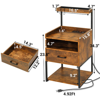 AOGLLATI Nightstand Set of 2 with Charging Station, Rustic Brown Night Stands for Bedroom Set of 2, Bedside Table with Storage Drawer and LED Light, - WoodArtSupply