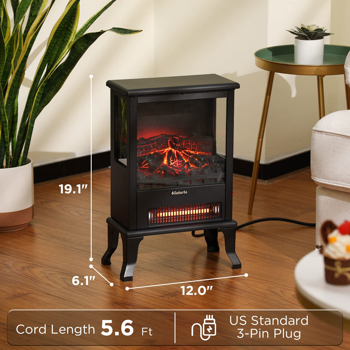 TURBRO Suburbs TS17Q Infrared Electric Fireplace Stove, 19" Freestanding Stove Heater with 3-Sided View, Realistic Flame, Overheating Protection, CSA Certified, for Small Spaces, Bedroom - 1500W TURBRO