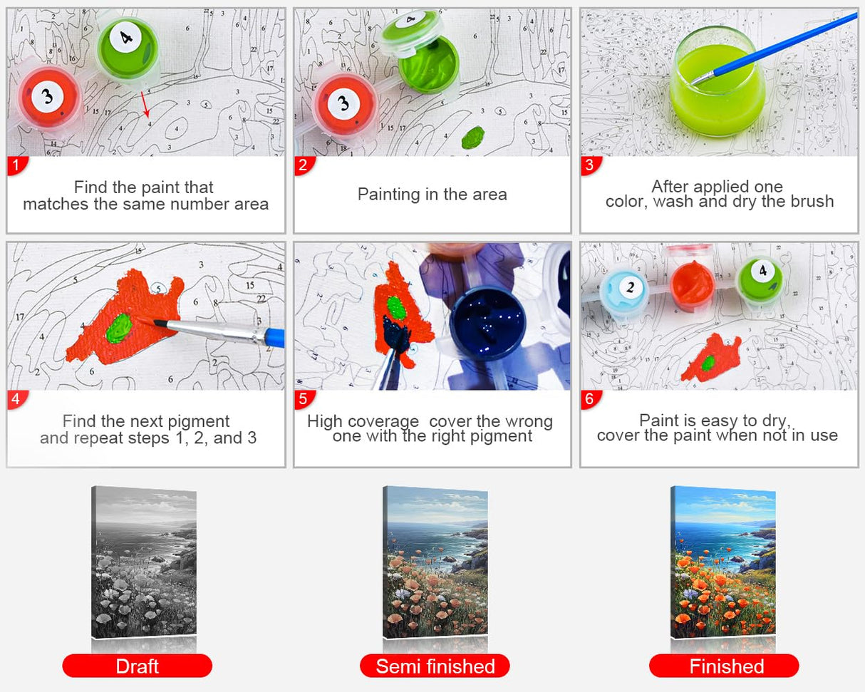 TUMOVO Paint by Number for Adults Flowers Sea Landscape Paint-by-Number Kits Poppies Ocean Kids Adult Paint by Number Sea View DIY Painting by Numbers for Adults Canvas Arts Craft, 16"x20" TUMOVO