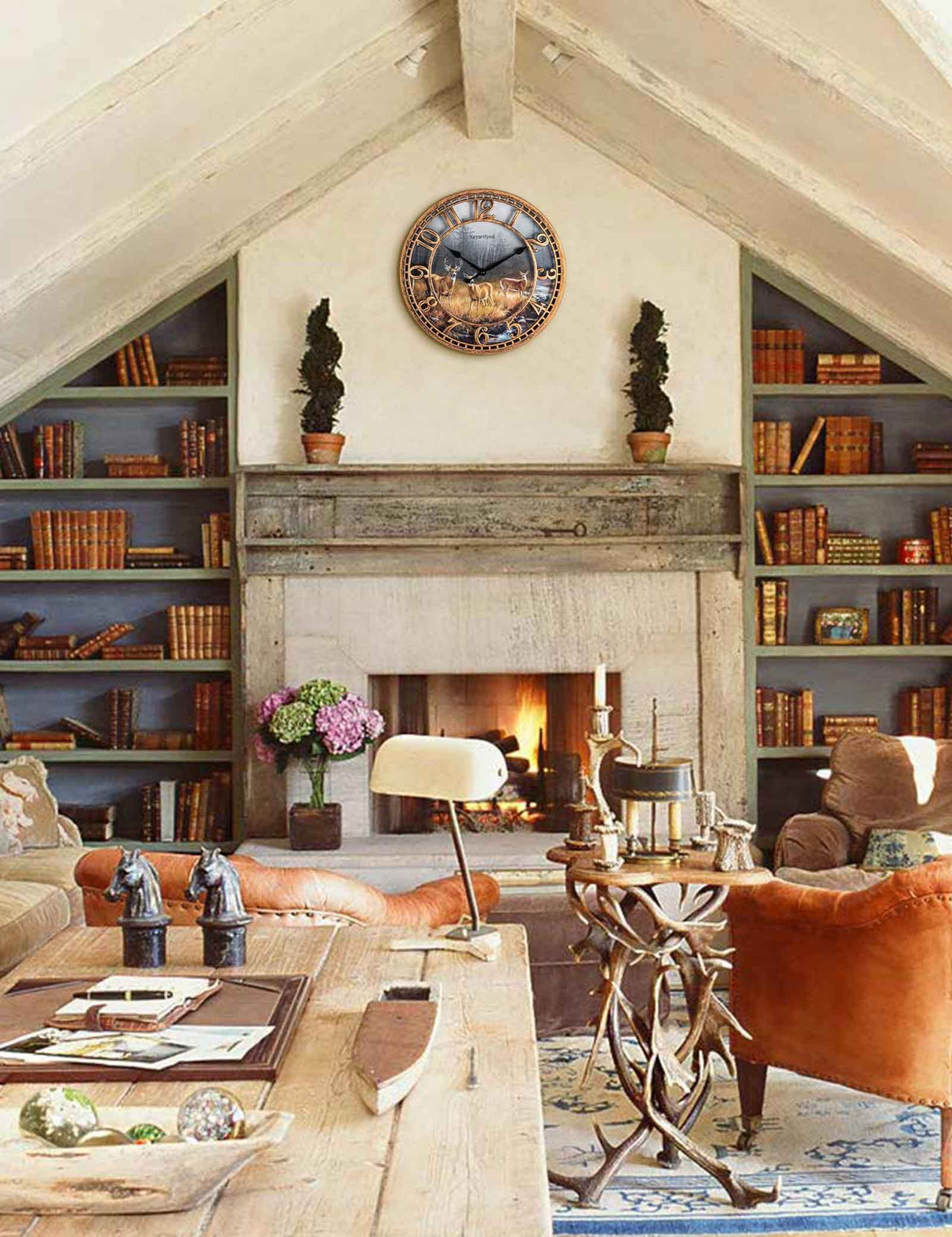 WANGIRO Round Wall Clock Farmhouse Plastic Deer Clock Battery Operated Silent Non-Ticking Rustic Clock 12 Inch for Home Kitchen Living Room Bedroom Office Decor (Antique Copper) WANGIRO