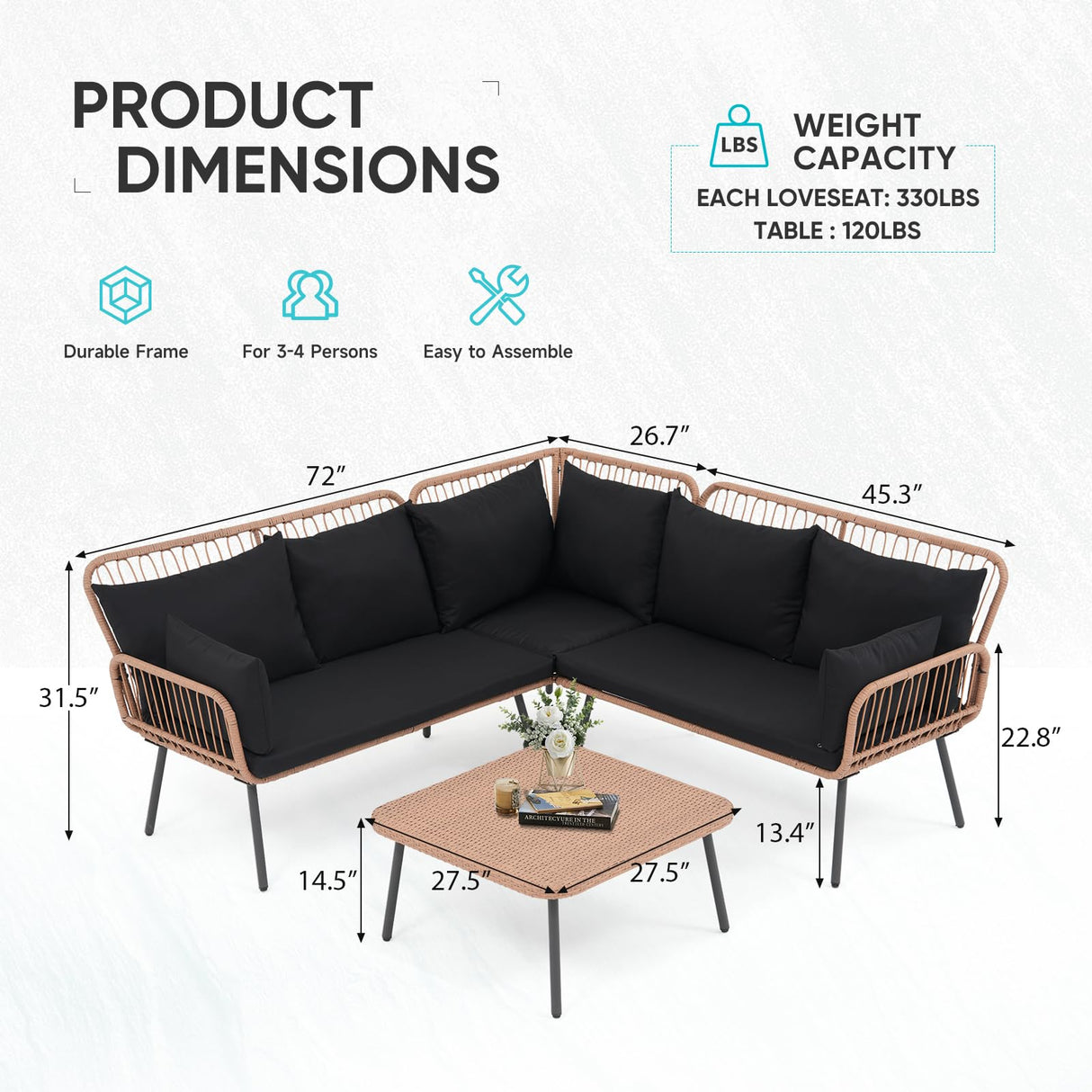 Verano Garden 4 Piece Outdoor Patio Furniture Set, Outdoor Wicker Sectional Couch, Balcony Furniture Set with Cushions & Square Table, Patio Conversation Set for Porch, Backyard (Black, 4PCS Sofa Set) Verano Garden