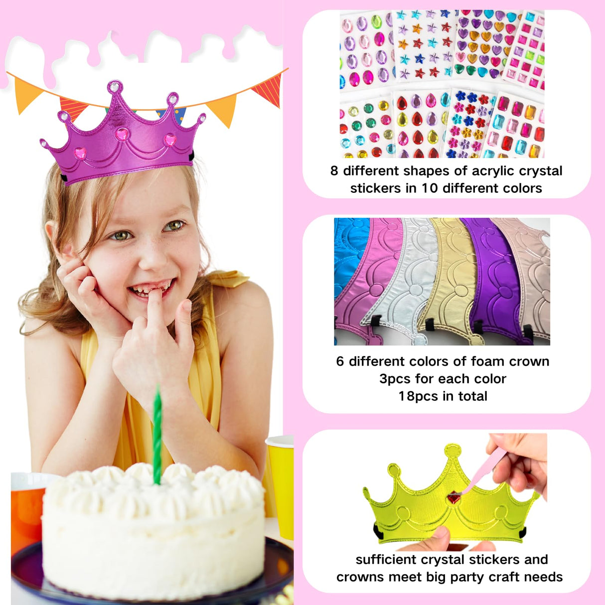 Cayton 26 Pcs Foam Princess Crowns, Sparkly Foam Crowns with Stickers, DIY Birthday Craft for Girls Kids Cayton