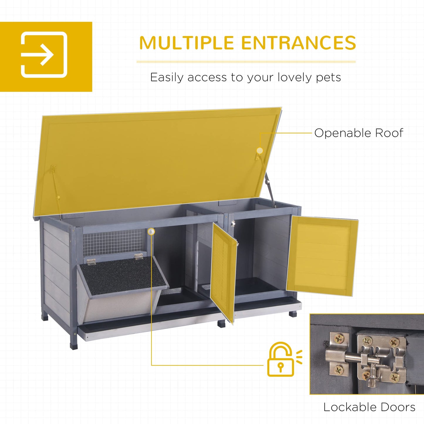 PawHut Wooden Rabbit Hutch Bunny Hutch Cage Guinea Pig with Waterproof Roof, No Leak Tray and Feeding Trough, Indoor/Outdoor, Gray - WoodArtSupply