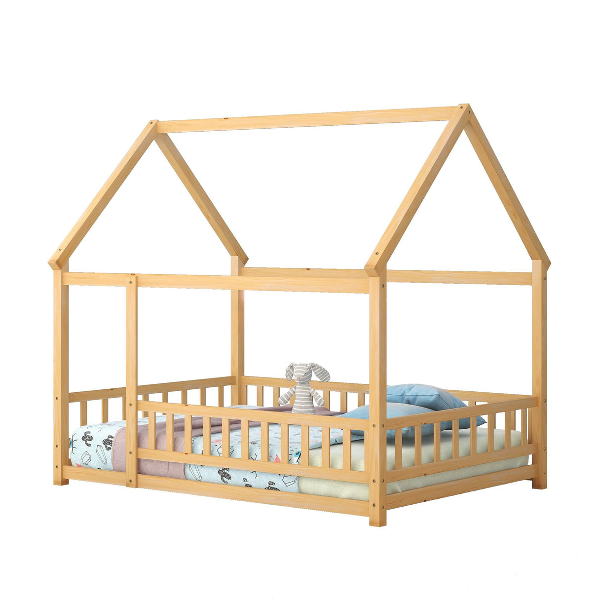 Bellemave Full Size Kids House Bed with Roof and Fence - Solid Wood Montessori Floor Bed in Natural Finish Bellemave