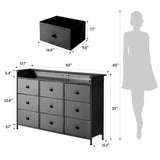 XCHAA Black Dresser with LED Lights and Power Outlet, 9 Drawers Fabric Dresser for Bedroom, Chest of Drawers for Closet, Entryway, Dressing Room, Living Room 49.6" Wide XCHAA