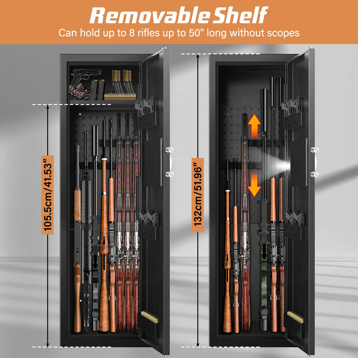 [Upgraded] 6-8 Fireproof Gun Safe Rifle, 51" Deeper and Larger Long Gun Safes for Home, Heavy Duty Anti-Theft Gun Cabinets for Rifles with 3 Pistol Rack & Silent Mode (Us Stock) Tiskgg