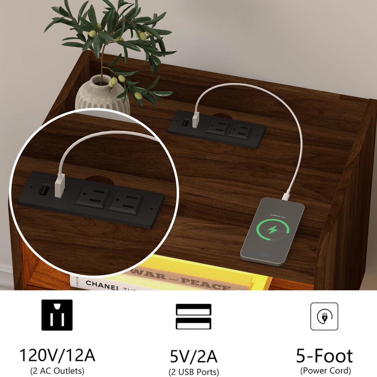 Veegle Floating Nightstand with Charging Station and LED Lights (Walnut Brown) Veegle