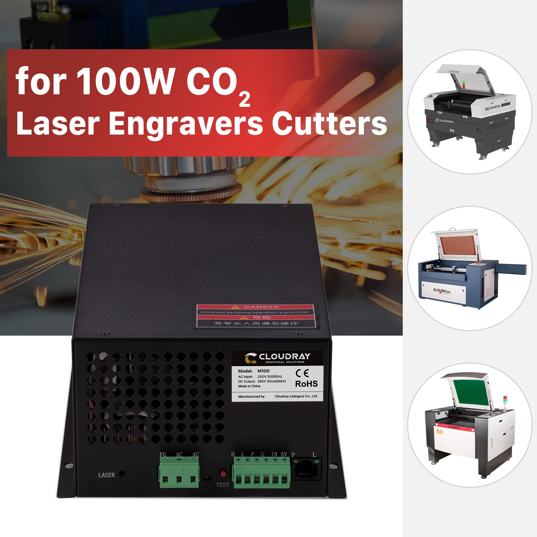 Cloudray CO2 Laser Power Supply 80-100W 220V for CO2 Laser Engraver Cutter M100（Updated MYJG100) - WoodArtSupply