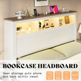 AMERLIFE King Size Bed Frame with Bookcase Storage Headboard and Footboard, LED Platform Bed with Charging Station, No Box Spring Needed, Noise Free, Distressed White AMERLIFE