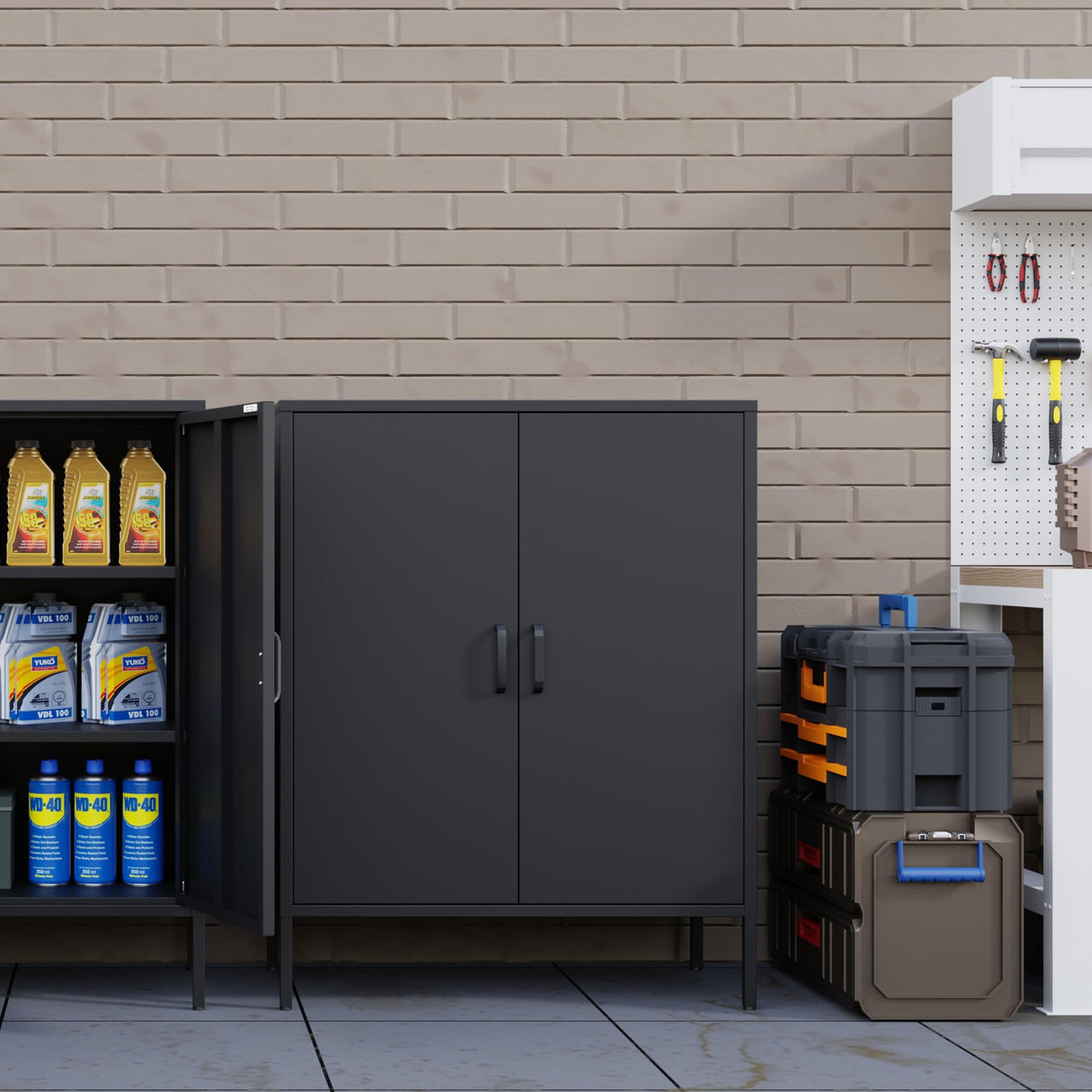 Washsemba Metal Storage Cabinet with Doors and Shelves,Multipurpose Storage Rack, 3-Tier Shelf,Metal Locker Style Accent Cabinet for Home Office,Living Room,Kitchen (Black, 40''H) Washsemba