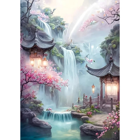 MXJSUA DIY 5D Diamond Painting Kits for Adults Diamond Art Waterfall Sakura Landscape Diamond Art Painting Full Drill Crystal Rhinestone Embroidery Craft Kits for Home Wall Decor Gifts, 12x16inch MXJSUA