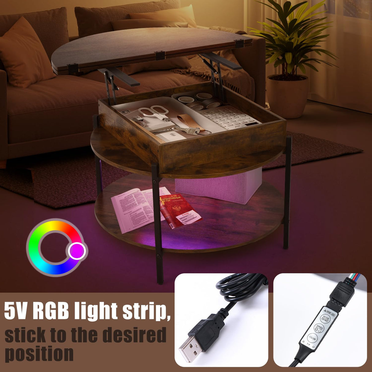 Mmucco 35.43" Round Lift Top Coffee Table with 2-Tier Storage, Circle Storage Coffee Tables with LED Light for Living Room,Round Storage Coffee Table for Home Office Mmucco