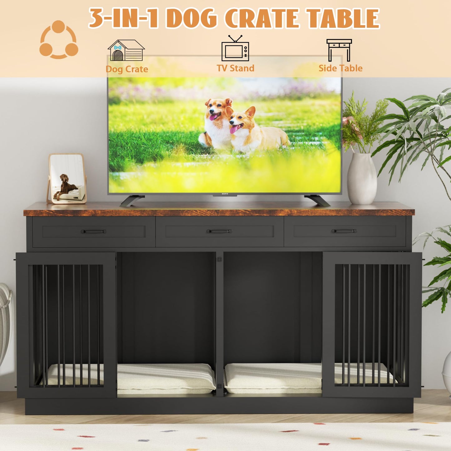 63 inches Large Dog Crate Furniture for 2 Dogs Double Dog Crate Wooden Heavy Duty Dog Kennel Furniture TV Stand with 3 Drawers for Large Medium Dogs,Black