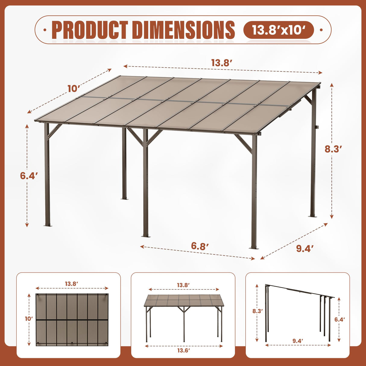 Oakcloud 10' x 14' Outdoor Wall Mounted Gazebo, Patio Lean to Gazebo Pergola with Sloped Roof, Large Heavy Duty Awning for Patio, Backyard, Deck Oakcloud