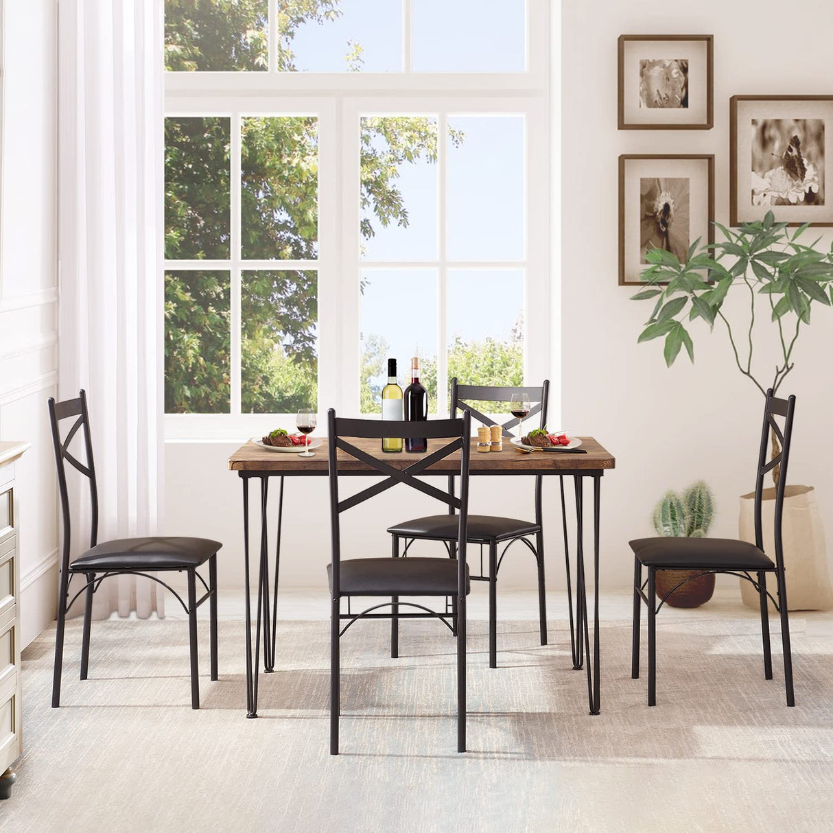 VECELO 5-Piece Dining Table Set for Home Kitchen Small Space Breakfast Nook, 4 Faux Leather Metal Frame Chairs, Retro Brown VECELO