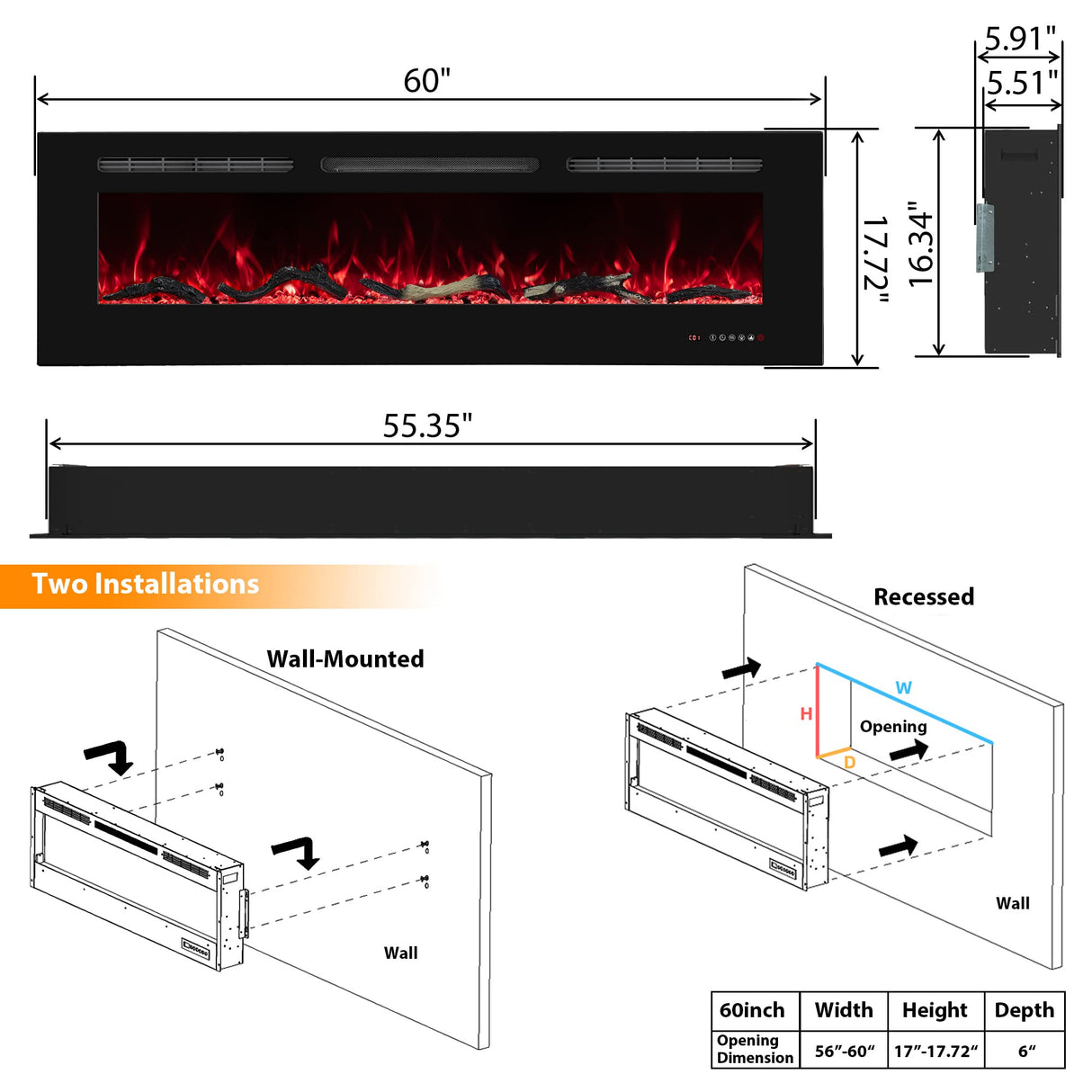 Oxhark Flame Electric Fireplace 60 inch Wide, Wall Mounted Fireplace Inserts Electric Heater, 13 * 13 Flame Effects Like Real Flame, Low Noise, Timer & Thermostat Setting, 750W/1500W, Black Oxhark Flame