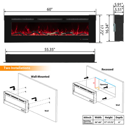 Oxhark Flame Electric Fireplace 60 inch Wide, Wall Mounted Fireplace Inserts Electric Heater, 13 * 13 Flame Effects Like Real Flame, Low Noise, Timer & Thermostat Setting, 750W/1500W, Black