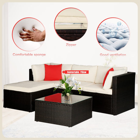 5 Pieces Rattan Patio Furniture Sets Patio Sofa Wicker Sectional Sofa Modular Outdoor Conversation Sofa Set with 2 Red Pillow 2 Corner Chairs Armless Chair Ottoman Chair Glass Table,Khaki Cushion PayLessHere