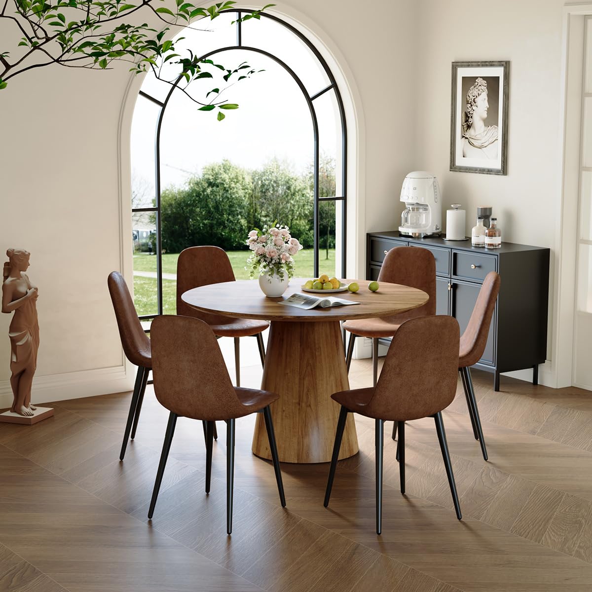 BAOPIN Round Dining Table Set for 6, 45''Round Wooden Dining Set with Cushioned Chairs, Round Table and Chair Set for Kitchen and Living Room (Wood Table+Style 1 Brown Chairs, 45'' Table+6 Ch - WoodArtSupply