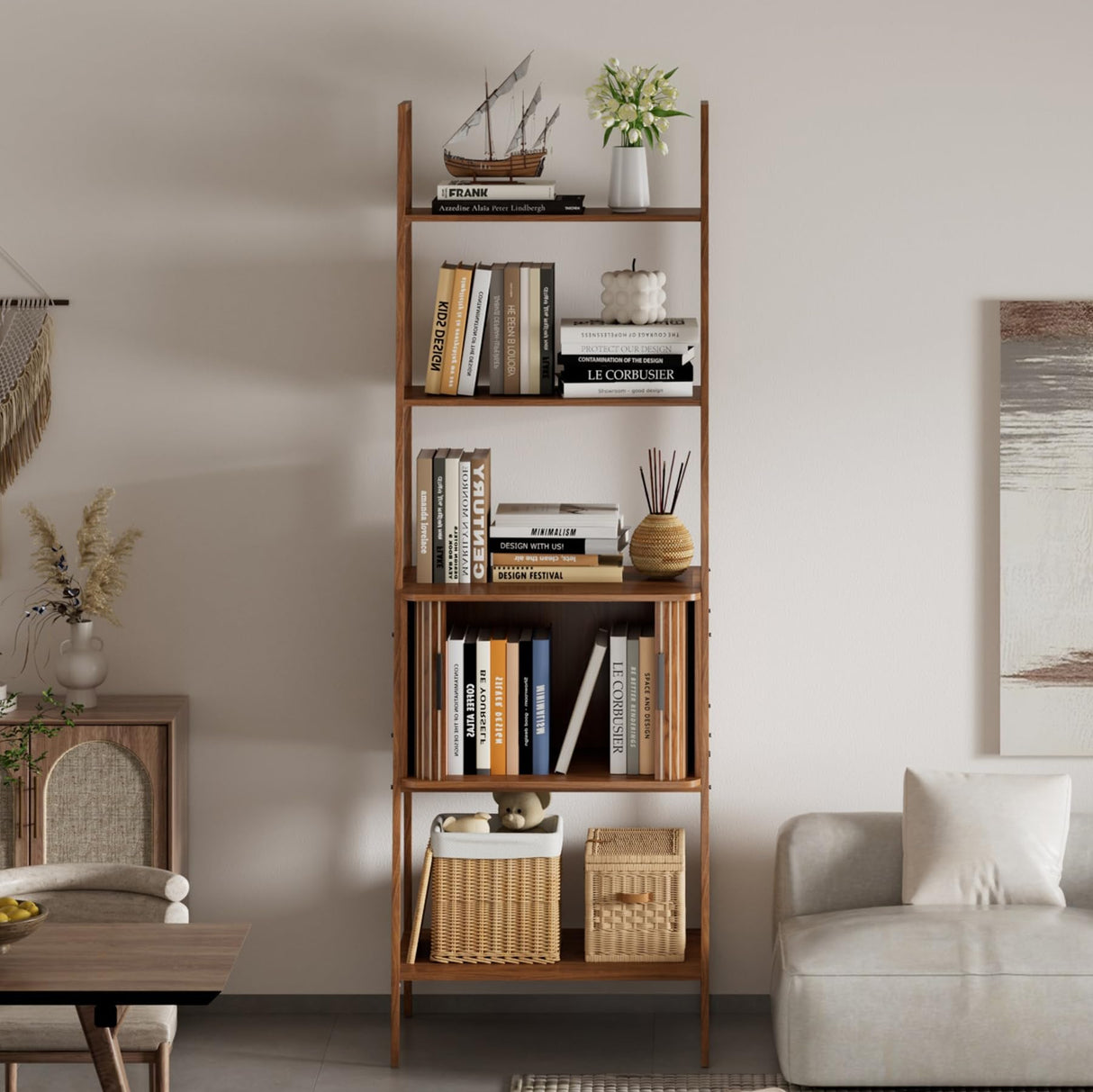 LUVIOHOME 4 Tier Bookshelf with Drawer,Tall Narrow Bookcase with Shelves, Wood and Metal Bookshelves Storage Organizer,Industrial Display Standing for Living Room, Home Office, Entryway (Walnut) LUVIOHOME