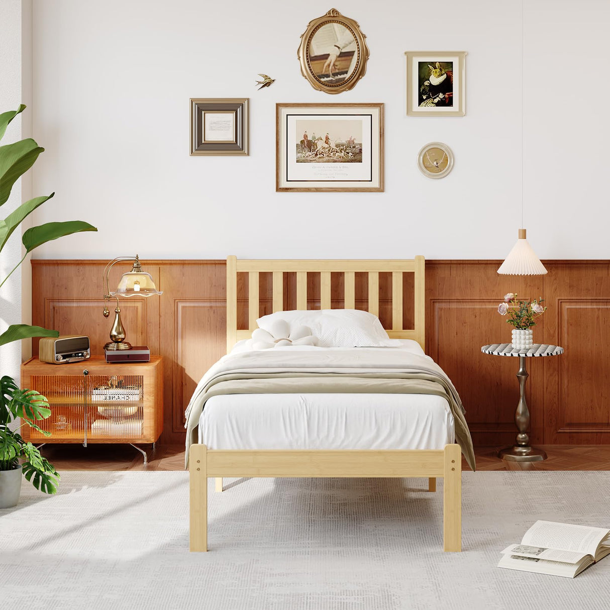 FDLOGW 14 in High Solid Bamboo Wood Twin Bed Frame with Headboard, Platform Twin Size Bed Frame, Heavy Duty, No Box Spring Needed, Nosie Free FDLOGW