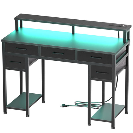 Uniheim Black Computer Desk with Drawers, Gaming Desk with LED Light & Power Outlet, 47" Home Office Desk with Large Storage & Monitor Stand for Small Space Uniheim