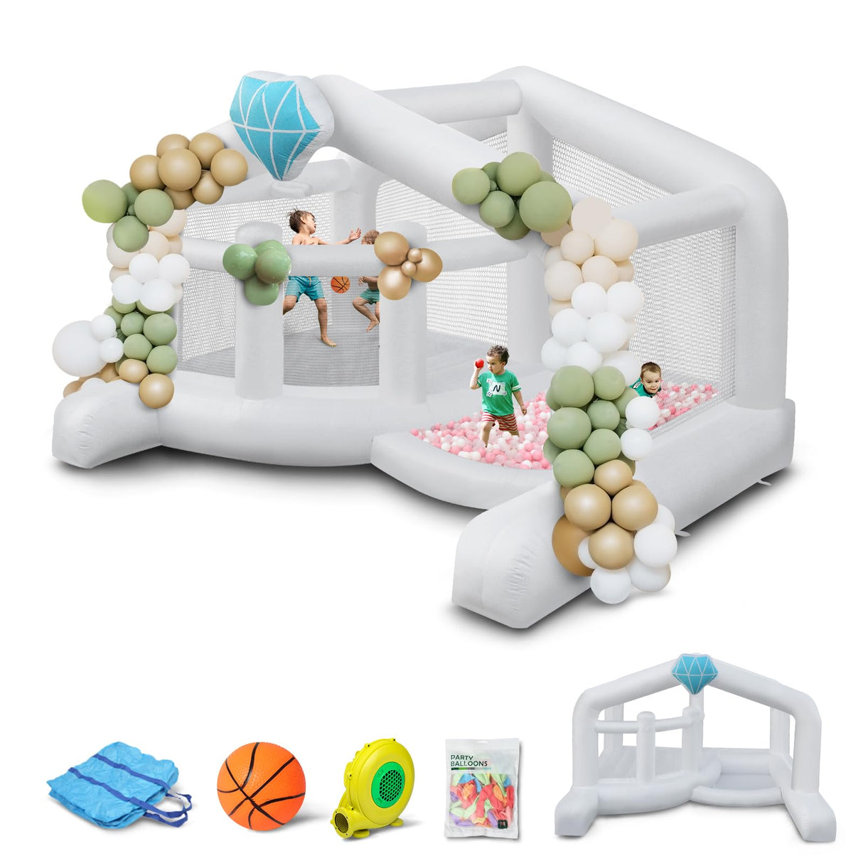 (2025 New) JOYMOR Giant Bounce House (13x10x8FT) w/Balloons for Outdoor Party, White Bounce House with Ball Pit for Kids, Including Blower, Portable Bag, 30s Set-up (Wedding) JOYMOR