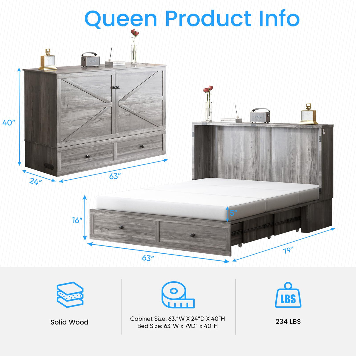PUREMIND Queen Murphy Bed Cabinet with Mattress Included, Bedroom Cabinet Beds with USB Charging Station, Murphy Chest Bed with Storage Drawers, Horizontal Wallbed for Guest Room Grey PUREMIND
