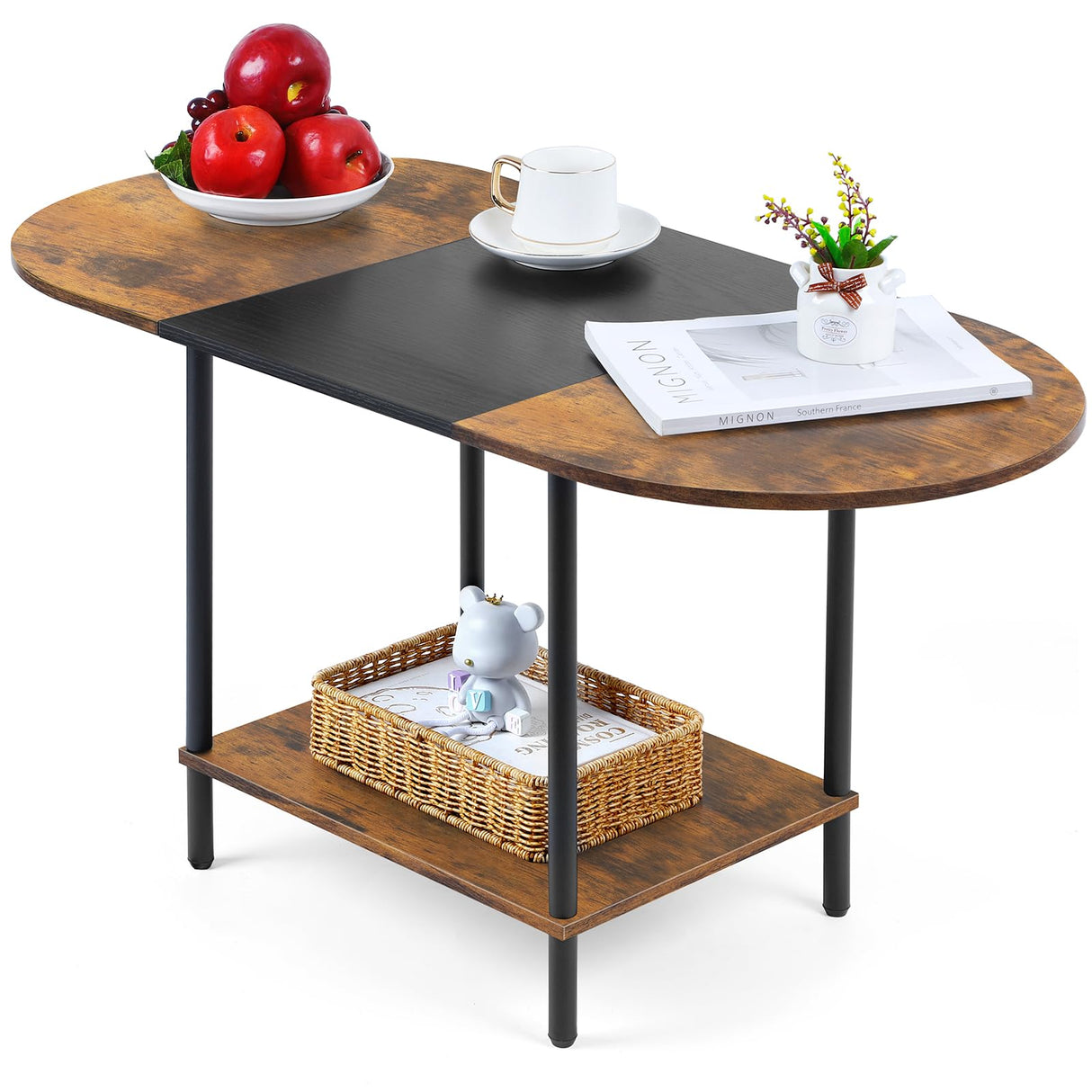 Coffee Tables for Living Room,2-Tier Small Coffee Table Farmhouse Oval Center Table with Storage Shelf and Wood Tabletop,for Small Space,Home Office,Black & Brown Shinoske