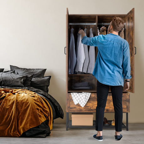 VINGLI Armoire, Wardrobe Closet with Hanging Rod, Bedroom 71" Freestanding Wardrobe Cabinet with Doors, Adjustable Shelves and Drawer, Open Compartment, Rustic Brown VINGLI