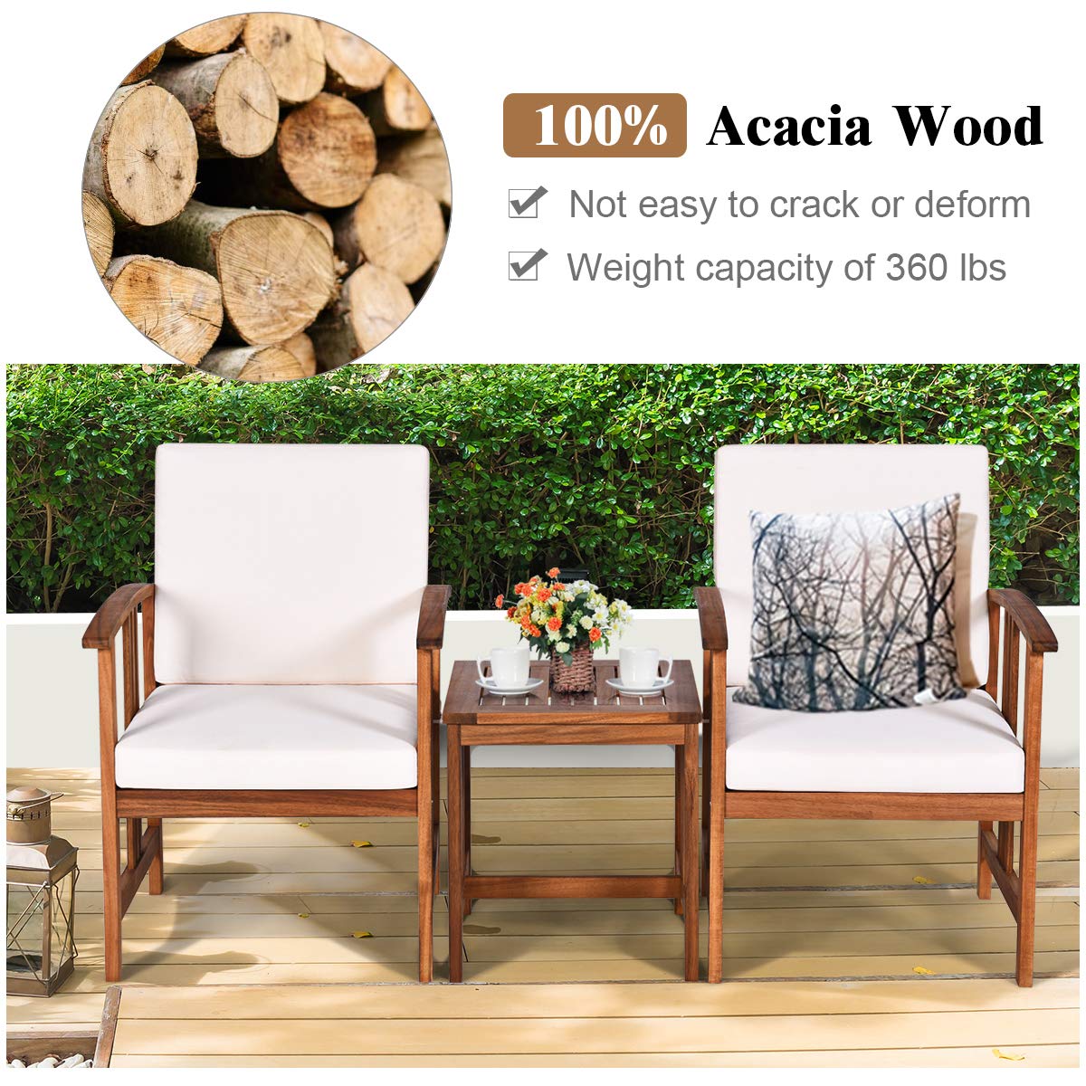 Tangkula 3 Pieces Patio Furniture Set, Includes Set of 2 Outdoor Acacia Wood Cushioned Chairs and Coffee Table, for Garden, Backyard, Poolside, Bistro and Deck, Patio Conversation Chat Set (White) Tangkula