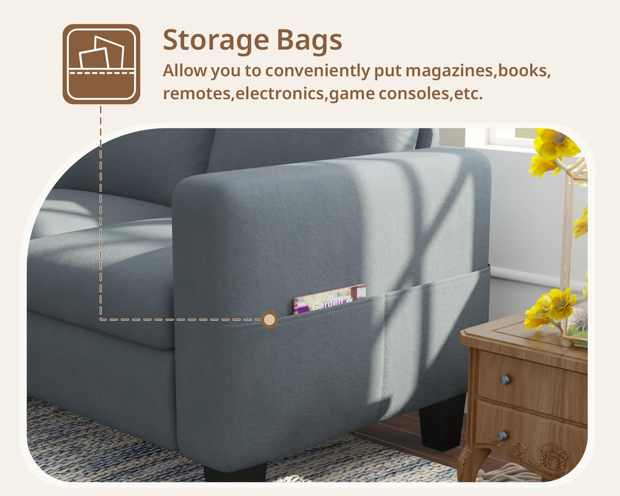 Woyomeub Sectional Sofa Couches for Living Room 78" L Shaped Sofas with Storage Ottoman 3 Seater Couch Velvet Fabric, Dark Grey Woyomeub