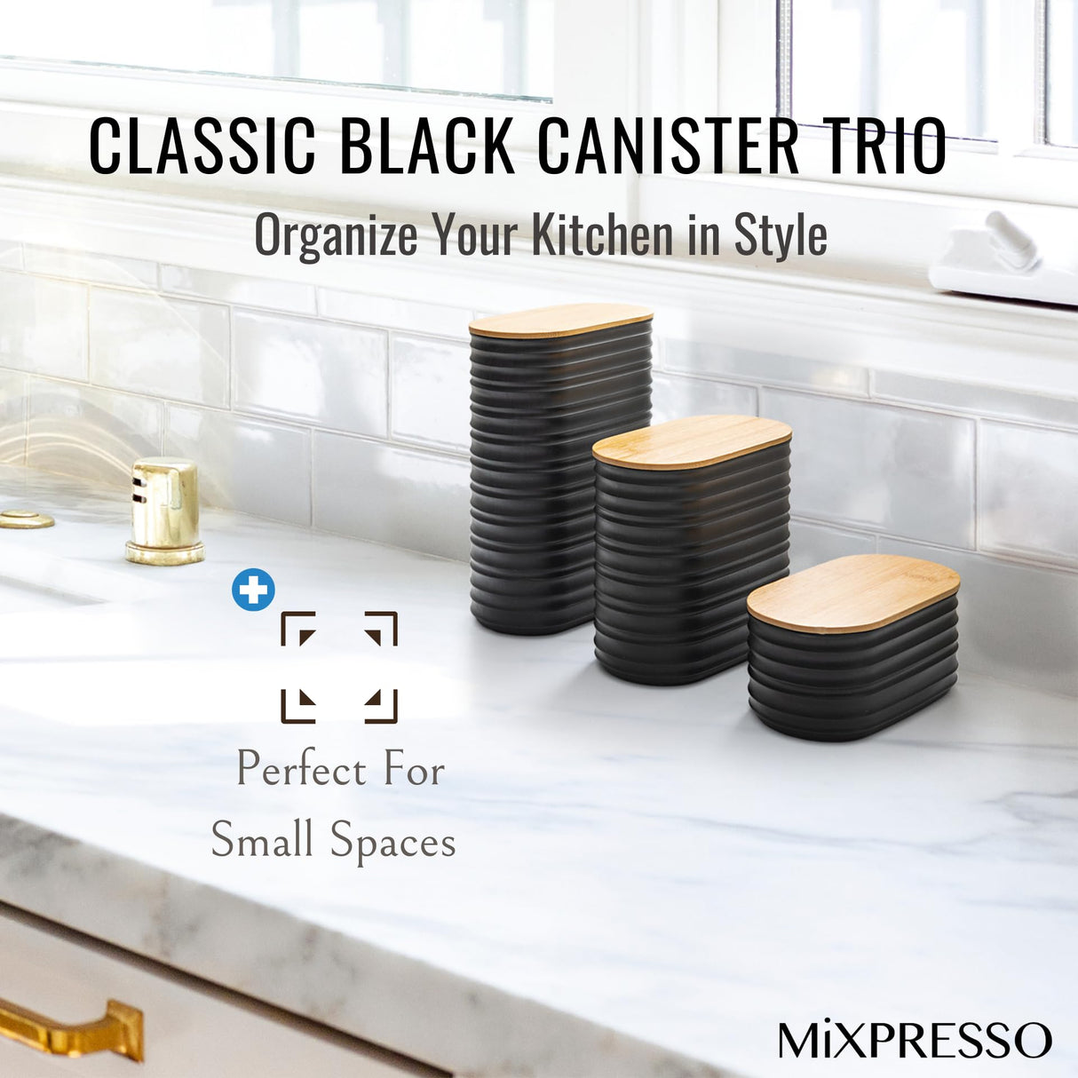 Mixpresso 3 Piece Black Canisters Sets For The Kitchen, Airtight Plastic Canister With Bamboo Lid, Coffee And Sugar Canister Set, Decorative Sugar Container, Kitchen Decor For Counter Mixpresso