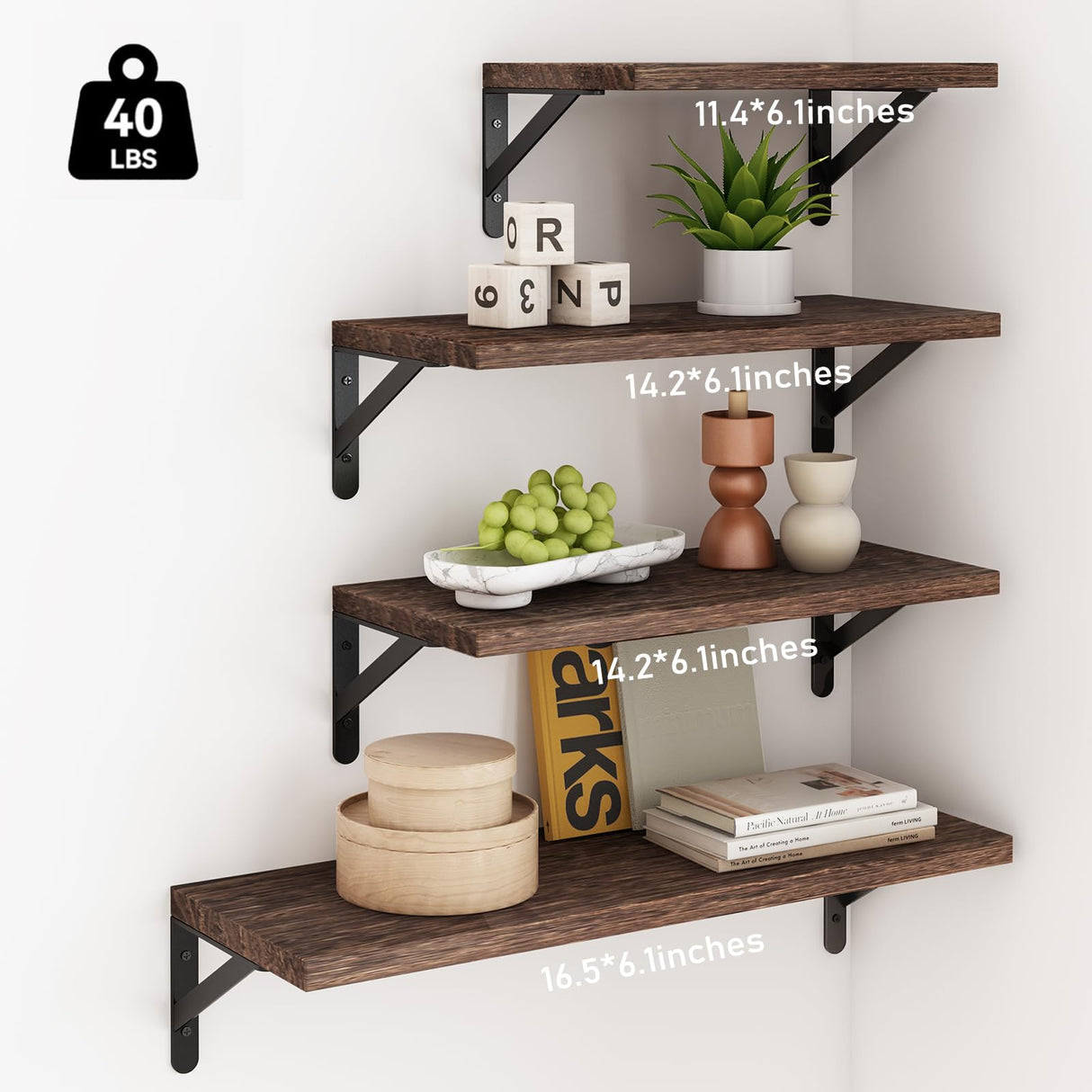YGEOMER Floating Shelves for Wall, Different Sizes Dark Carbonized Brown Wall Shelves for Living Room, Bathroom, Bedroom, Kitchen, Home Decor (Set of 4) YGEOMER