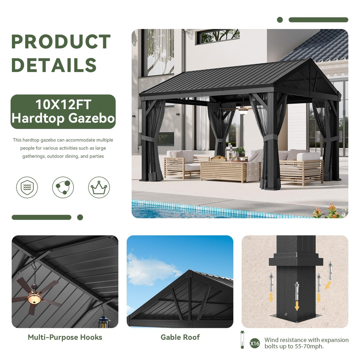 Aoxun 10' X 12' Hardtop Gazebo, Aluminum Outdoor Gazebo with Galvanized Steel Gable Roof Canopy, Patio Permanent Metal Pavilion with Netting, for Garden, Backyard, Deck Aoxun