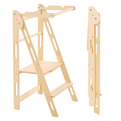 YK KIDS, Foldable Toddler Tower, Step Stool for Kids, Foldable Kitchen Tower for Kids, Step Stool with Safety Rail, Montessori Child Standing Tower (Natural)