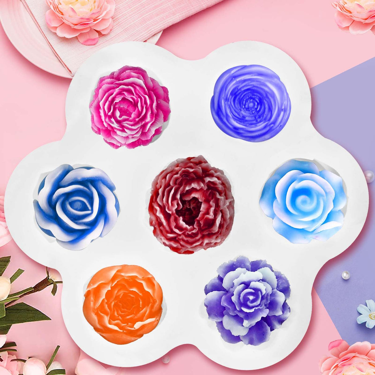 7 Cavity Flower Silicone Molds, Flower Candle Molds for Candle Making, Rose Peony Fondant Molds for Jelly Chocolate Mousse Cake Decorating Scented Candles Soaps Making, Wax, Resin Casting Crafts ZQYSING