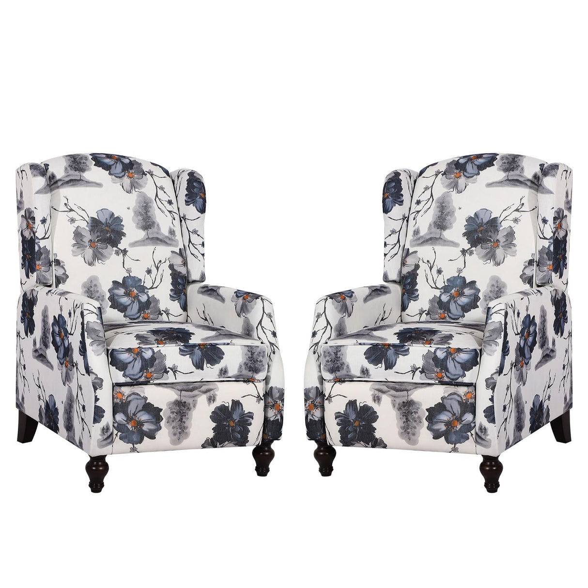PALLOME Upholstered Wingback Recliner Chair, Mid Century Modern Manual Push Back Recliner for Living Room, Bedroom (2, Blue Floral) PALLOME