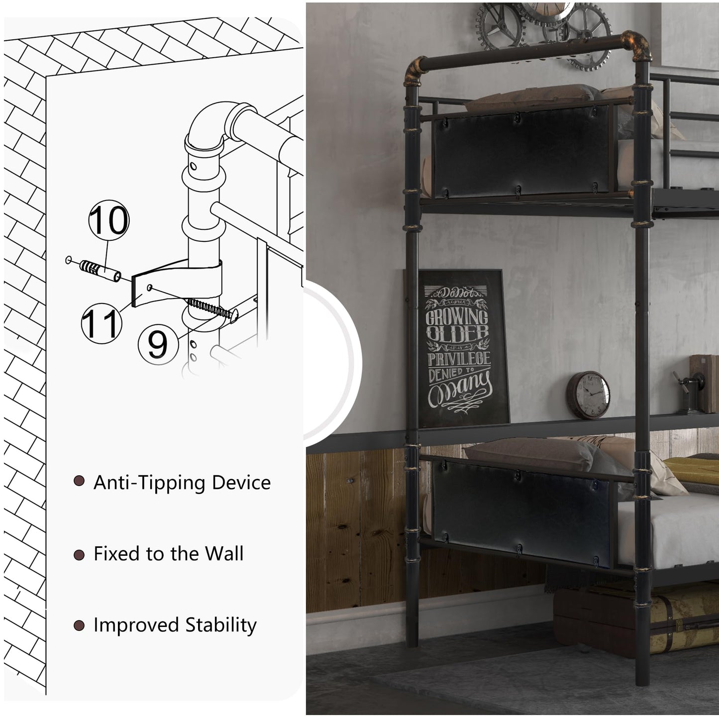 2 IN 1 Metal Bunk Bed Twin Over Twin, Convertible Twin Bunk Beds into 2 Individual Twin Size Bed for Kids Adults, 16.5" High Guard Rail,Space-Saving No Box Spring Needed Easy Assembly (Black)