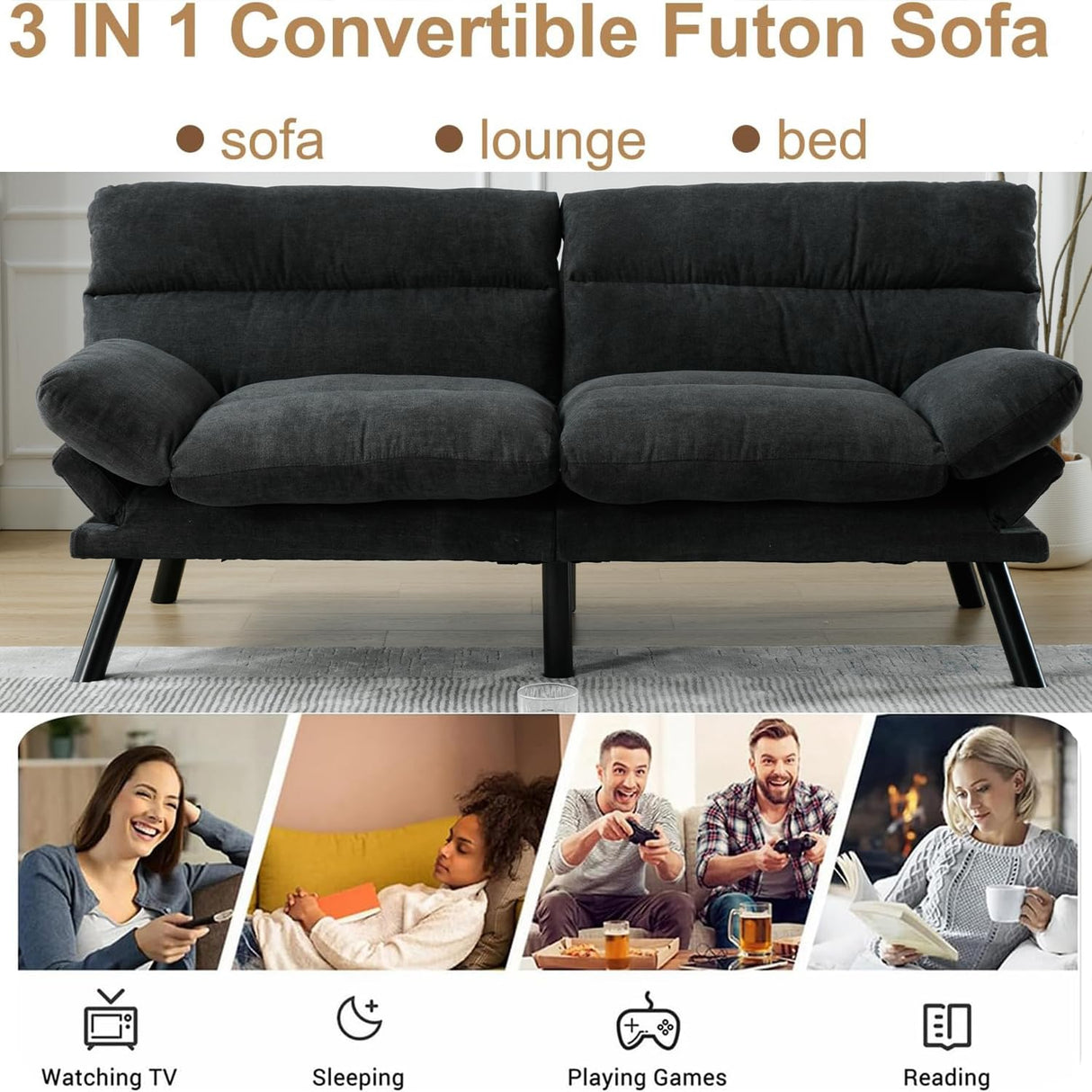70“Futon Sofa Bed,Convertible Folding Futon Couch Breathable Small Couch,Upholstered Double Loveseat Bed for Compact Living Studio in Room and Bedroom,Offices,Family,Dorm (Dark Gray Linen) Klwenas Maec