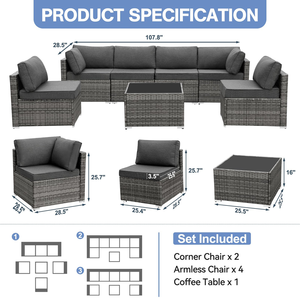 Yalissey 7 Pieces Outdoor Sectional Furniture, Patio Furniture Sets w/Cushions and Coffee Table, All Weather Wicker Outdoor Patio Conversation Sets for Garden,Poolside,Backyard,Grey Yalissey