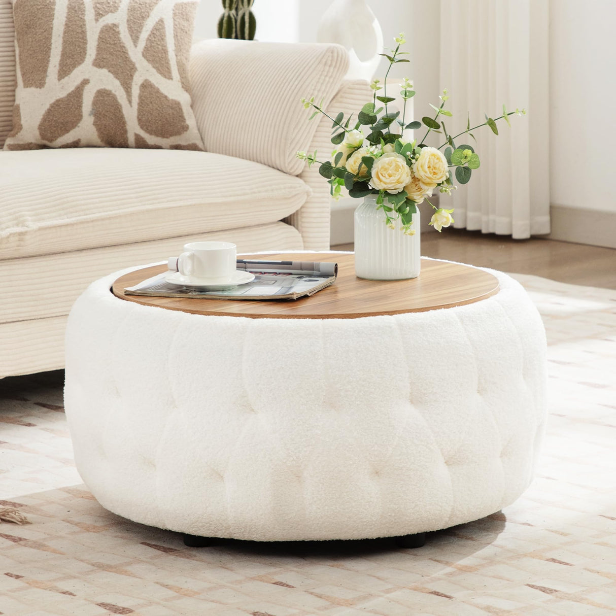 gusohey Large Round Storage Ottoman Coffee Table with Wooden Tabletop, 30.5 Inches Teddy Fleece Tufted Ottoman for Living Room, Bedroom, Apartments, White gusohey